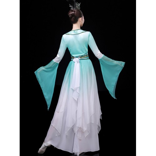 Women girls Chinese folk Classical dance costumes fairy turquoise hanfu female elegant  ancient  flare water sleeves cai wei dance dresses Han and Tang Princess dance costumes